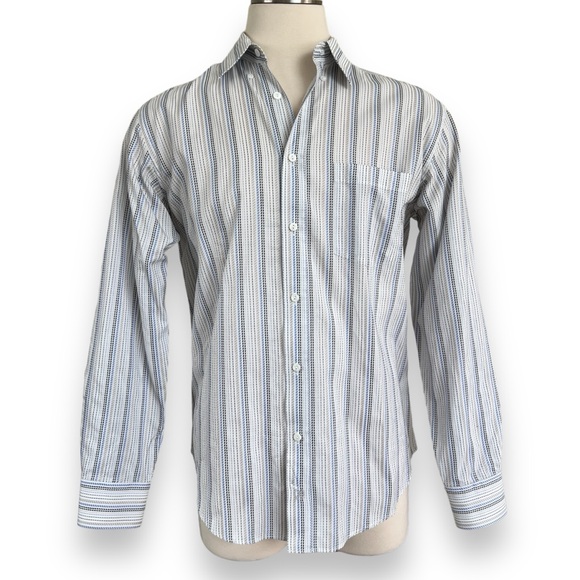 NWOT Men’s Button Down Dress Shirt White with Blue and Tan Stripes - Picture 1 of 11